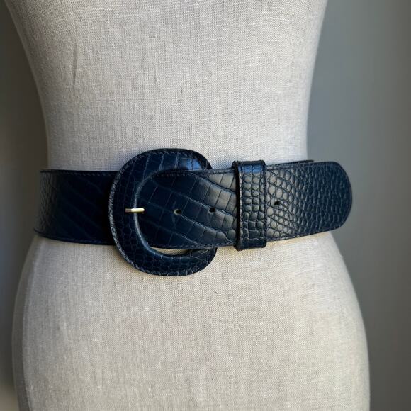 Anne Klein for Calderon Croc Embossed Leather Belt NAVY BLUE Made in USA M - Picture 2 of 13